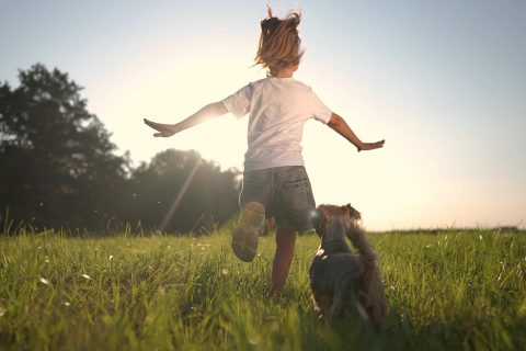 niña y perro en el cesped